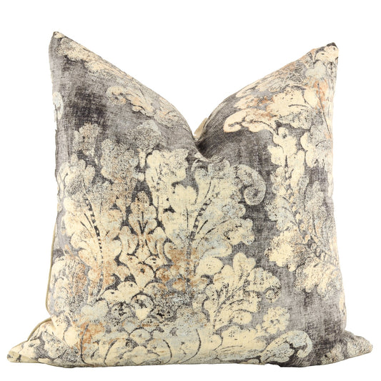 Front of pillow made from a medium-weight, linen-blend designer upholstery fabric with a stunning color combination of soft lemony light yellow flowing into smoky grays 