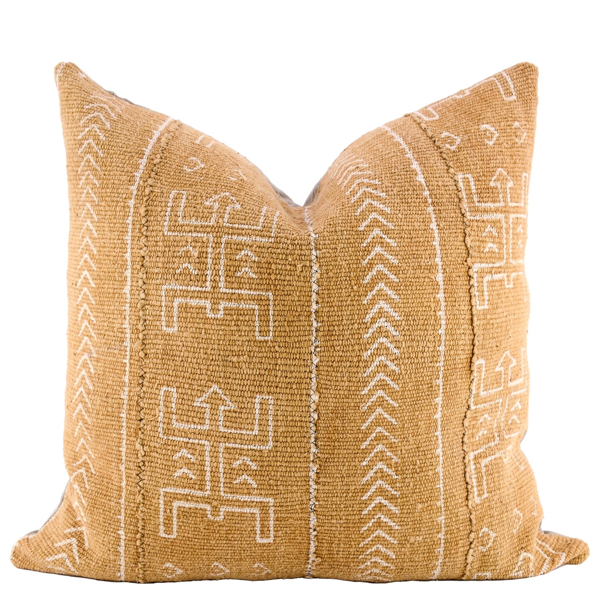 Front of pillow with rich brown and white patterns made from a traditional handwoven mudcloth textile sheet from Mali West Africa