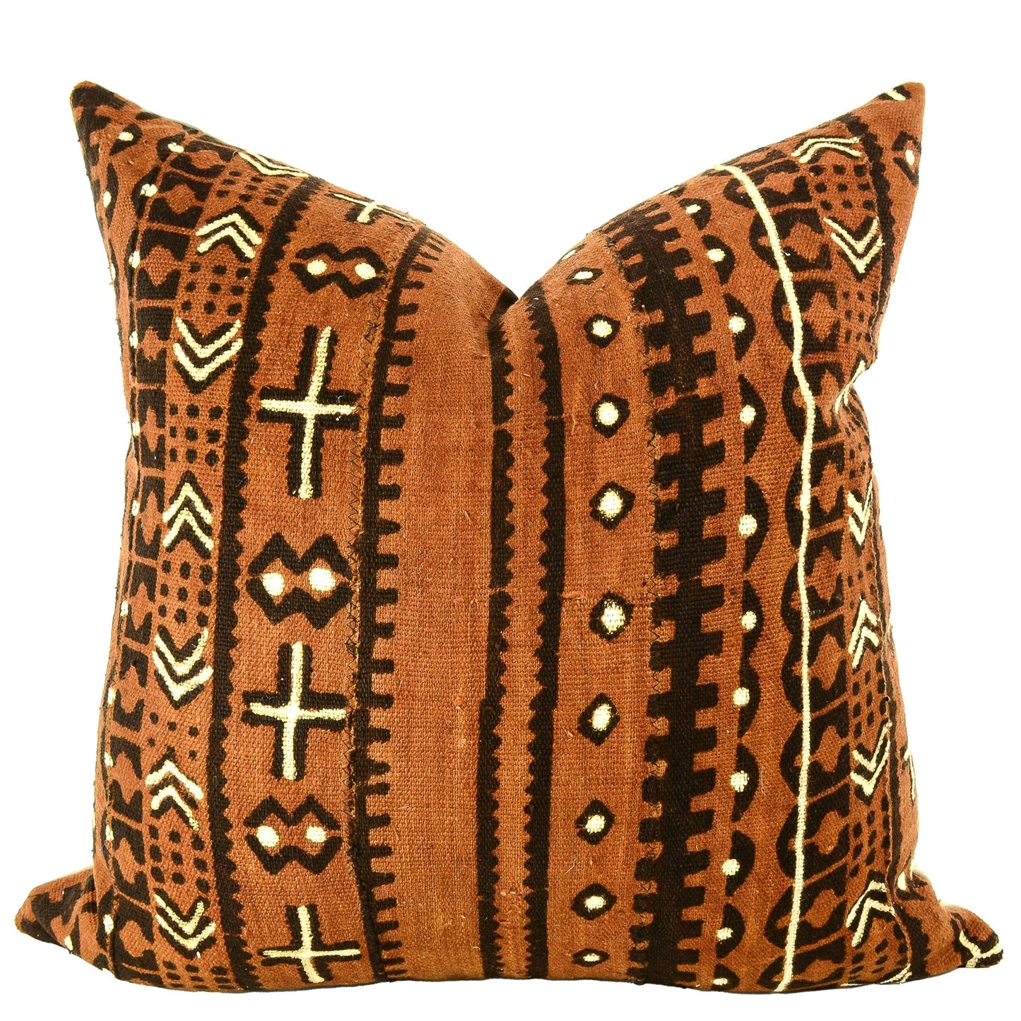 Front of pillow with rich brown, black and white patterns made from a traditional handwoven mudcloth textile sheet from Mali West Africa