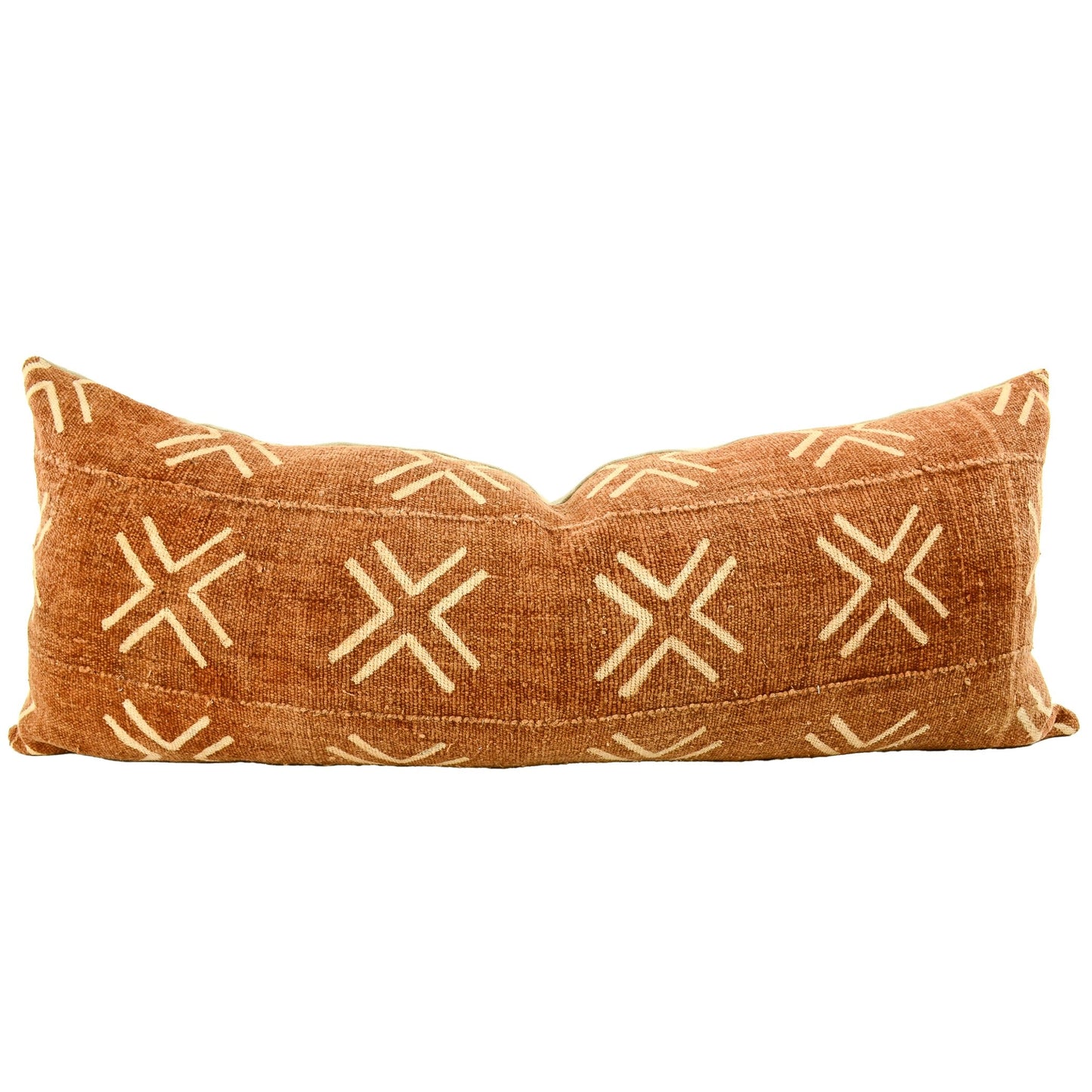 Front of pillow with rich brown and white patterns made from a traditional handwoven mudcloth textile sheet from Mali West Africa