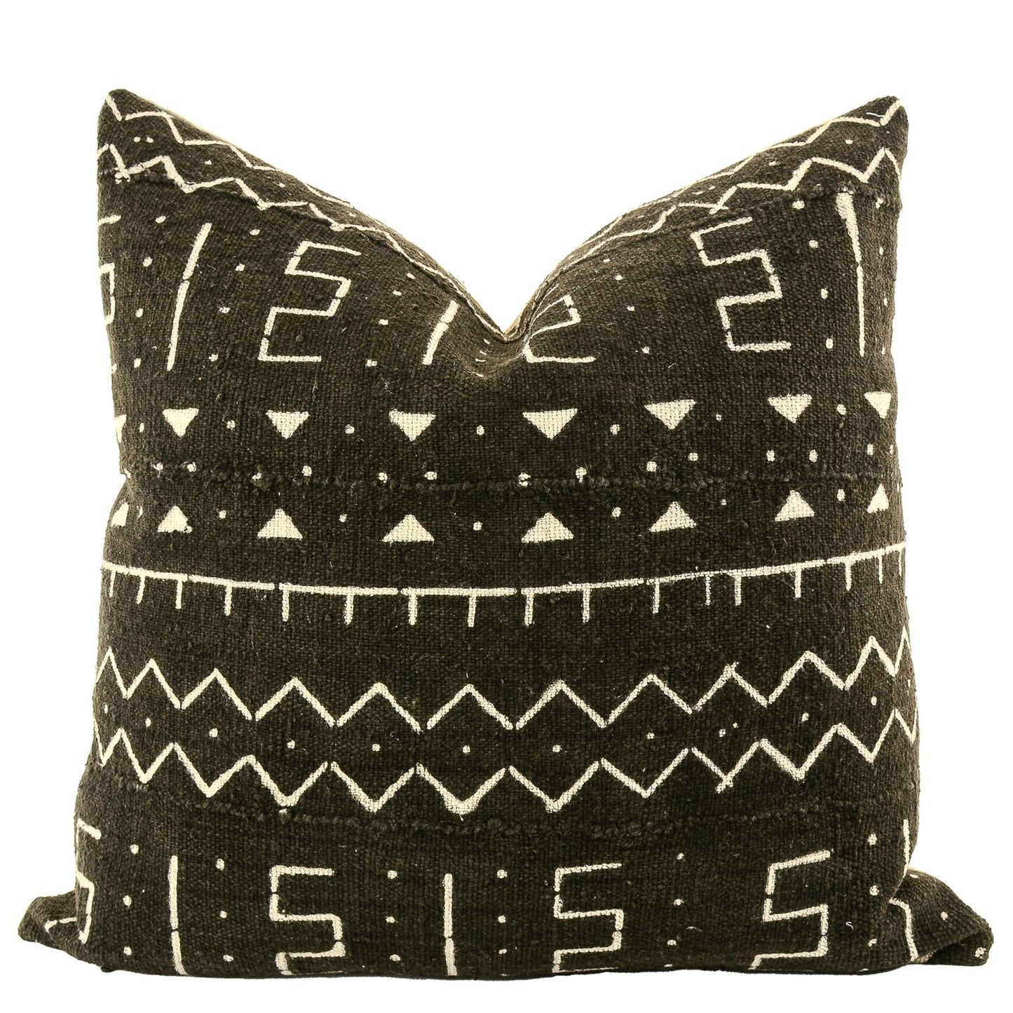 Front of pillow with rich black and white patterns made from a traditional handwoven mudcloth textile sheet from Mali West Africa