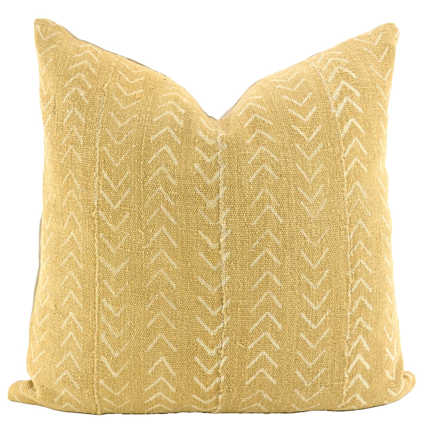 Front of pillow with rich mustard and white patterns made from a traditional handwoven mudcloth textile sheet from Mali West Africa