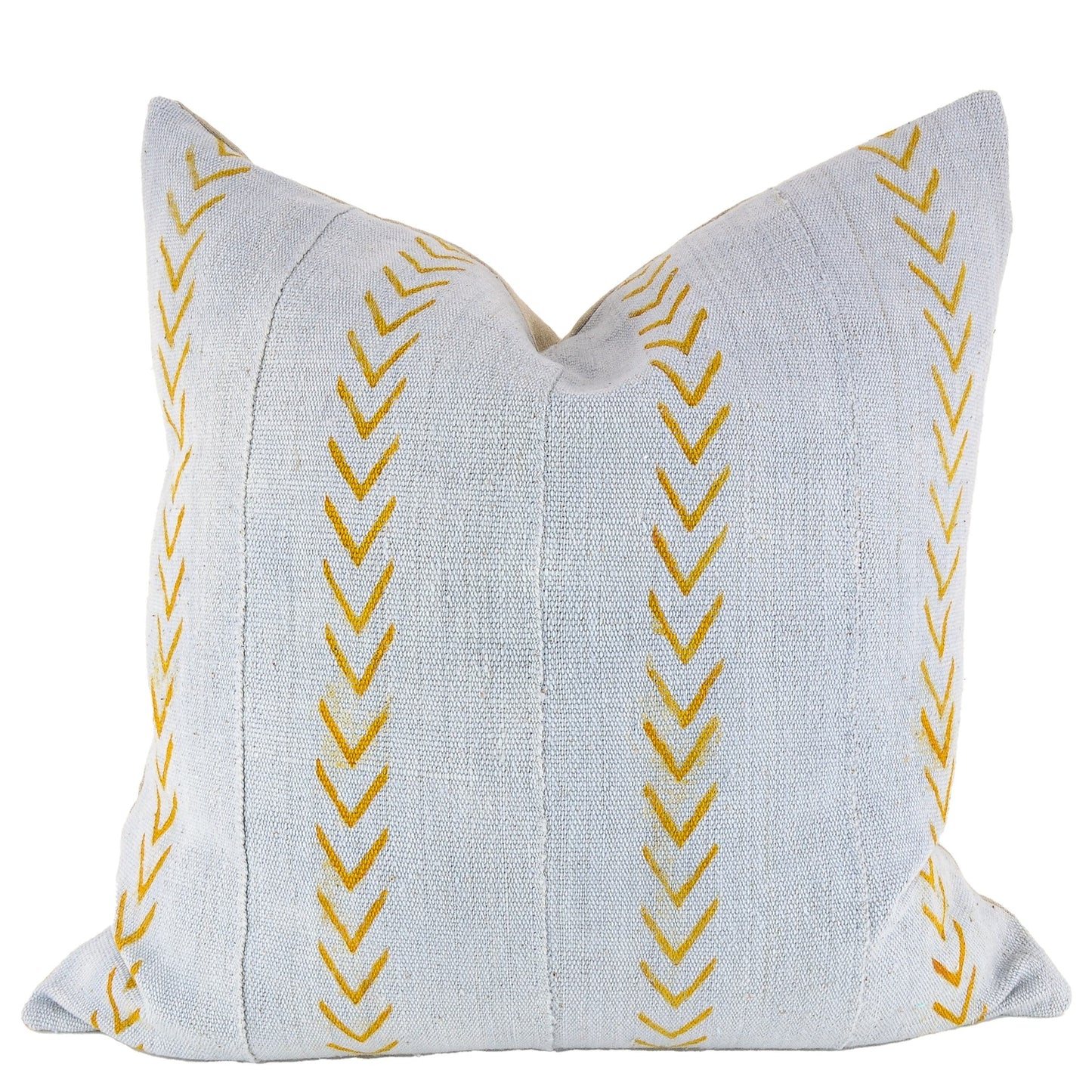 Front of pillow with rich gray and gold patterns made from a traditional handwoven mudcloth textile sheet from Mali West Africa