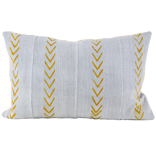 Front of pillow with rich gray and gold patterns made from a traditional handwoven mudcloth textile sheet from Mali West Africa