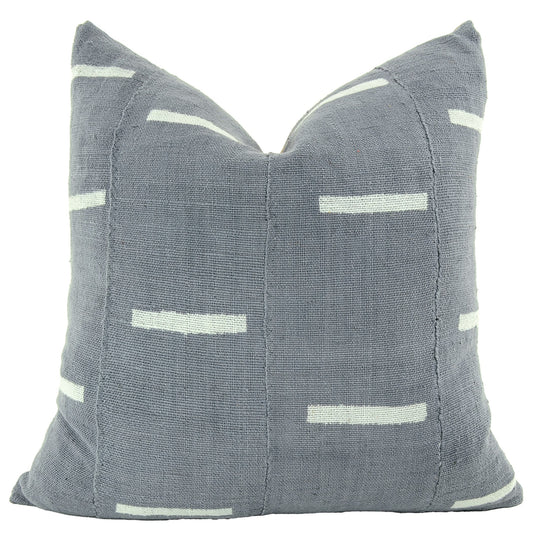 Front of pillow with rich gray and white patterns made from a traditional handwoven mudcloth textile sheet from Mali West Africa