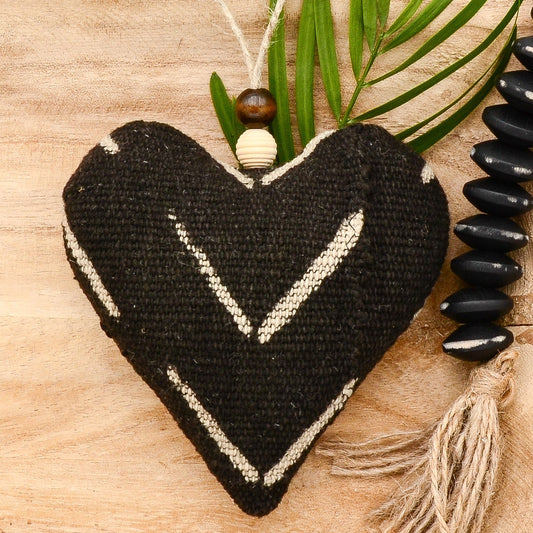 Lavender sachet heart made from handwoven  mudcloth from Africa, black with white markings , hemp twine tie with wooden beads, filled with high quality lavender from Provence France