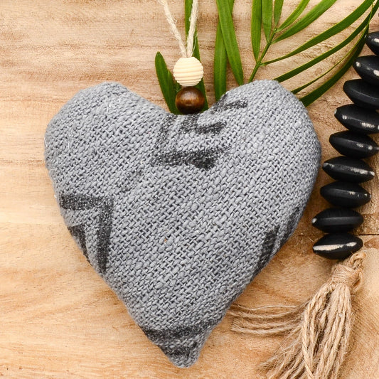Lavender sachet heart made from handwoven  mudcloth from Africa, gray with black markings , hemp twine tie with wooden beads, filled with high quality lavender from Provence France