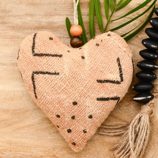 Lavender sachet heart made from handwoven  mudcloth from Africa, brown with black markings , hemp twine tie with wooden beads, filled with high quality lavender from Provence France