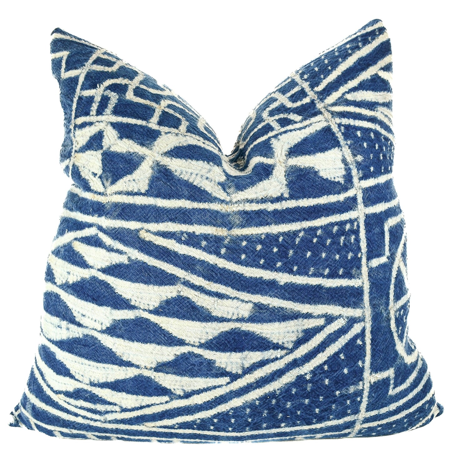 Front of pillow with rich blue and white patterns made from vintage Ndop cotton cloth by the Bamileke people from the grasslands in Cameroon Africa