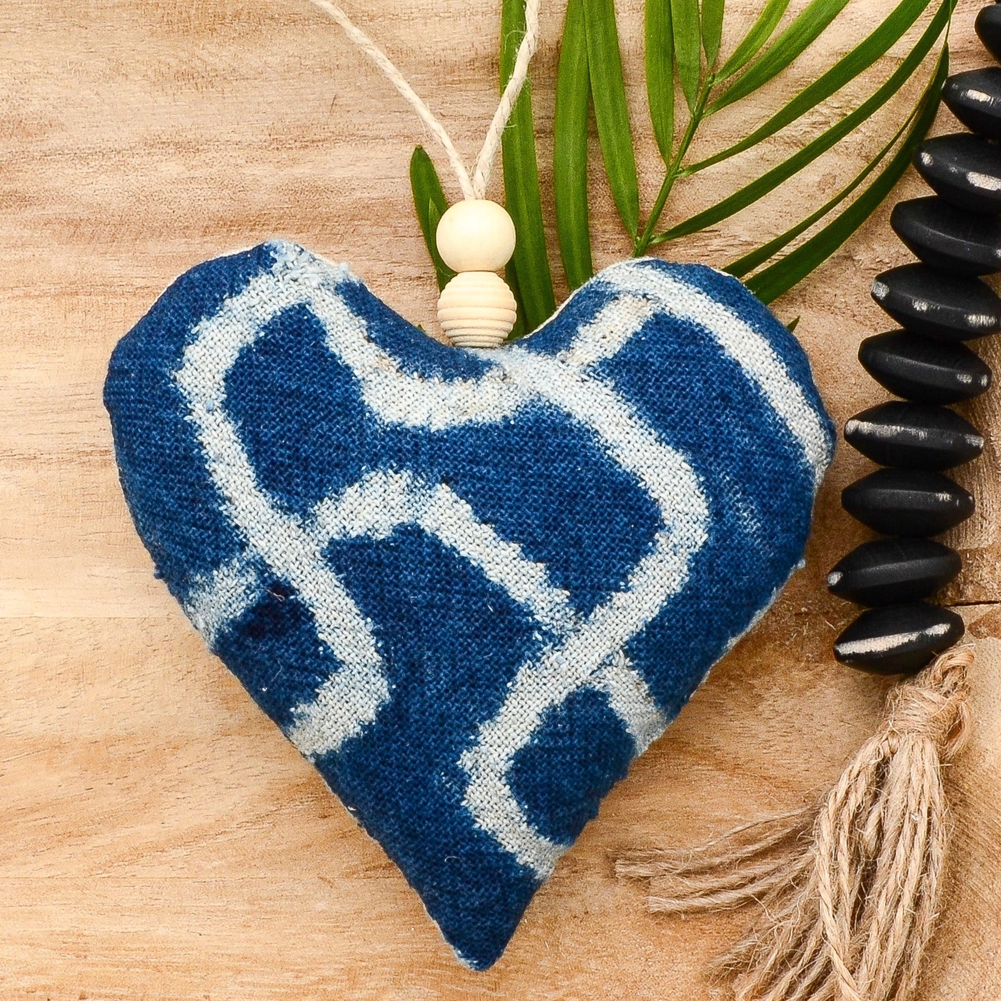 Lavender sachet heart made from vintage handwoven Ndop cotton cloth from Africa, deep rich blue color with white markings , hemp twine tie with wooden beads, filled with high quality lavender from Provence France