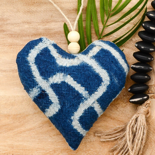 Lavender sachet heart made from vintage handwoven Ndop cotton cloth from Africa, deep rich blue color with white markings , hemp twine tie with wooden beads, filled with high quality lavender from Provence France
