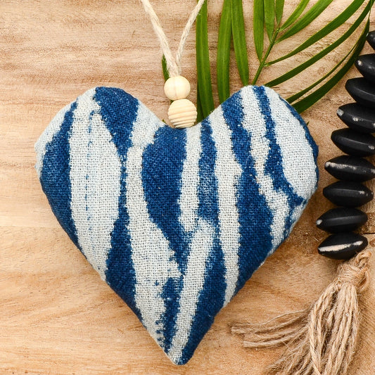 Lavender sachet heart made from vintage handwoven Ndop cotton cloth from Africa, deep rich blue color with white markings , hemp twine tie with wooden beads, filled with high quality lavender from Provence France