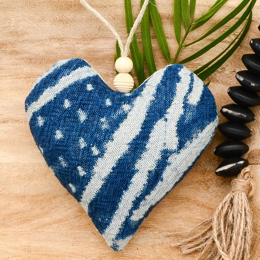 Lavender sachet heart made from vintage handwoven Ndop cotton cloth from Africa, deep rich blue color with white markings , hemp twine tie with wooden beads, filled with high quality lavender from Provence France