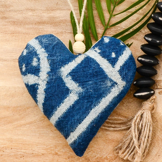Lavender sachet heart made from vintage handwoven Ndop cotton cloth from Africa, deep rich blue color with white markings , hemp twine tie with wooden beads, filled with high quality lavender from Provence France