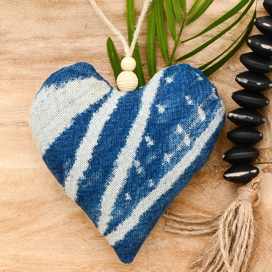 Lavender sachet heart made from vintage handwoven Ndop cotton cloth from Africa, deep rich blue color with white markings , hemp twine tie with wooden beads, filled with high quality lavender from Provence France