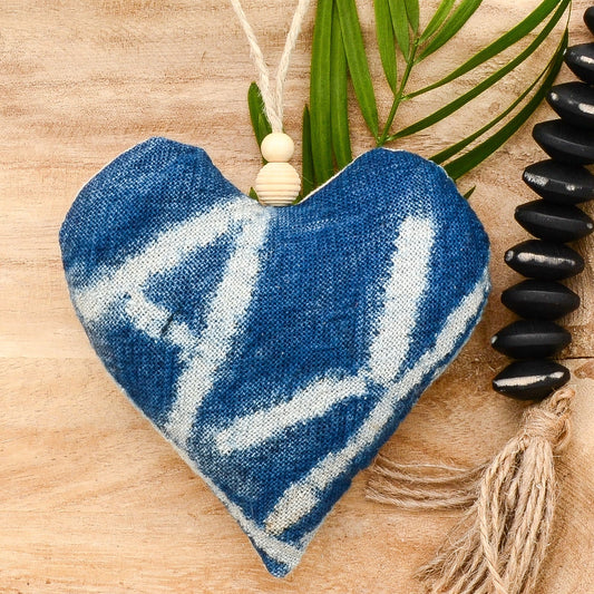 Lavender sachet heart made from vintage handwoven Ndop cotton cloth from Africa, deep rich blue color with white markings , hemp twine tie with wooden beads, filled with high quality lavender from Provence France