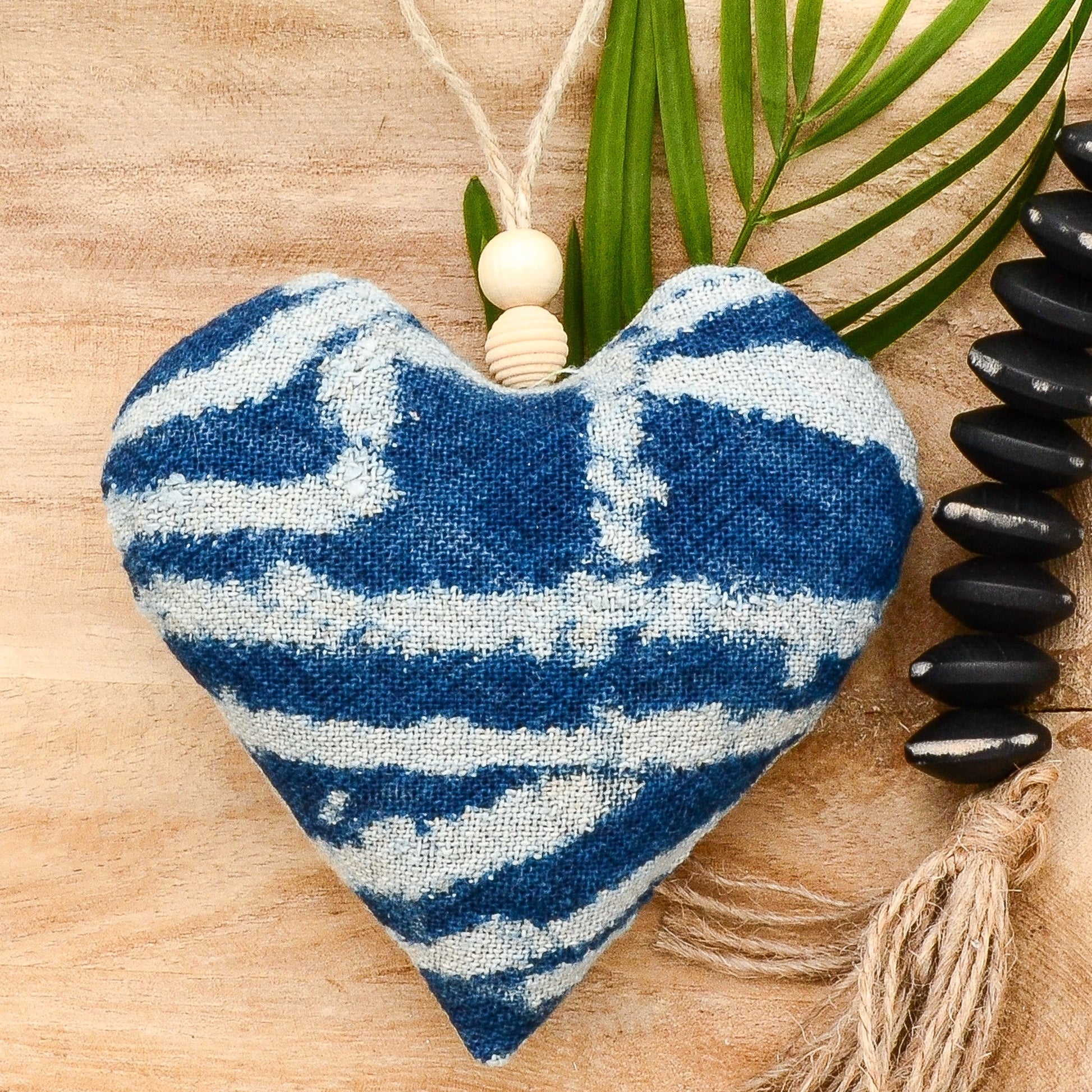Lavender sachet heart made from vintage handwoven Ndop cotton cloth from Africa, deep rich blue color with white markings , hemp twine tie with wooden beads, filled with high quality lavender from Provence France