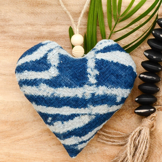 Lavender sachet heart made from vintage handwoven Ndop cotton cloth from Africa, deep rich blue color with white markings , hemp twine tie with wooden beads, filled with high quality lavender from Provence France