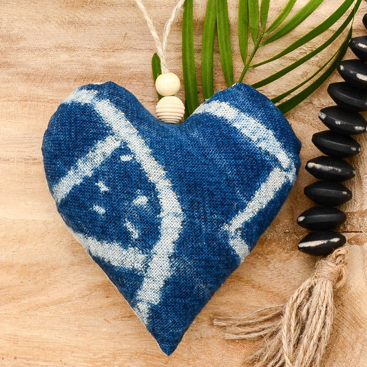 Lavender sachet heart made from vintage handwoven Ndop cotton cloth from Africa, deep rich blue color with white markings , hemp twine tie with wooden beads, filled with high quality lavender from Provence France
