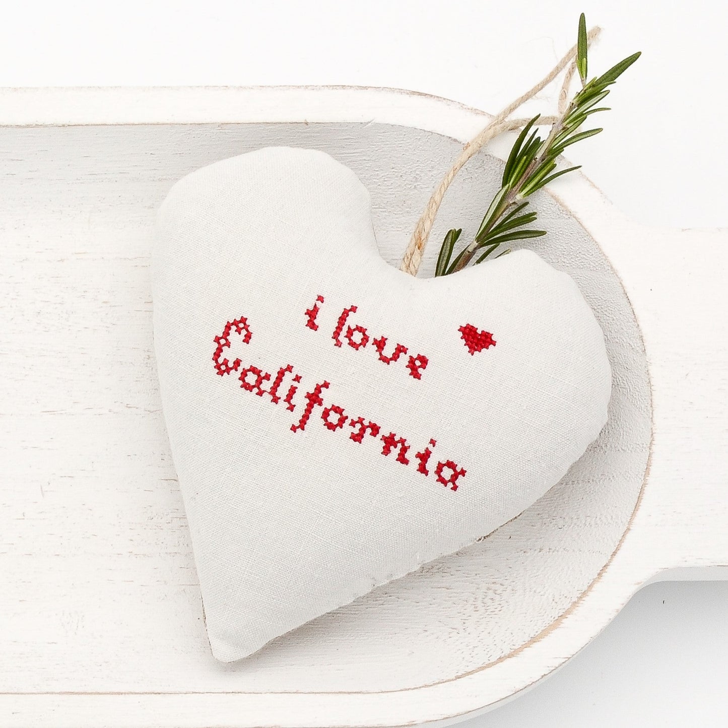 Antique European white linen lavender sachet heart, "I love California" embroidered in red cross stitch, hemp twine tie, filled with high quality lavender from Provence France