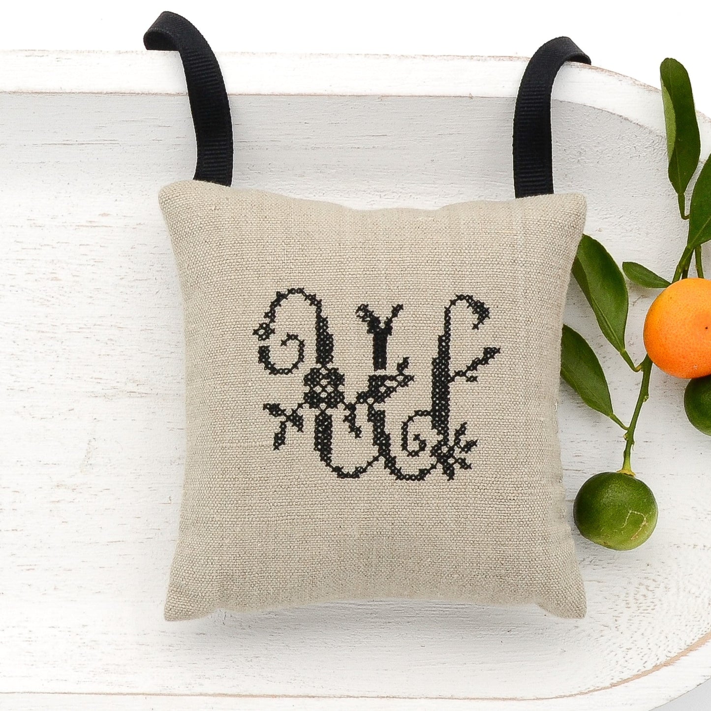 Vintage German mangle cloth natural tone linen lavender sachet square, letter "W" monogram (all letters available) embroidered in black cross stitch, black gros grain ribbon tie, filled with high quality lavender from Provence France