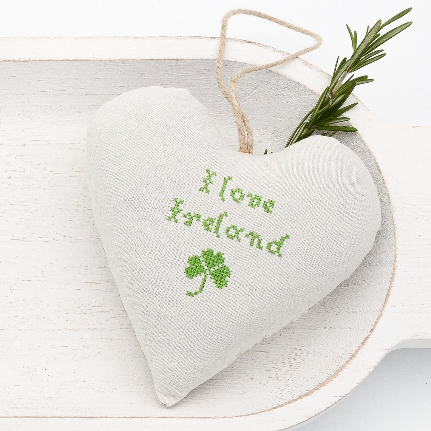 Antique European white linen lavender sachet heart, "I love Ireland" embroidered in green cross stitch, hemp twine tie, filled with high quality lavender from Provence France
