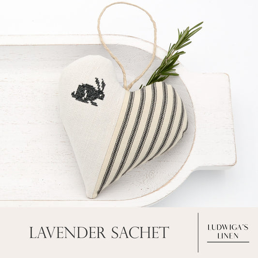 Antique/vintage French/German linen and black-striped cotton ticking lavender sachet heart, hemp twine tie and filled with high quality lavender from Provence France