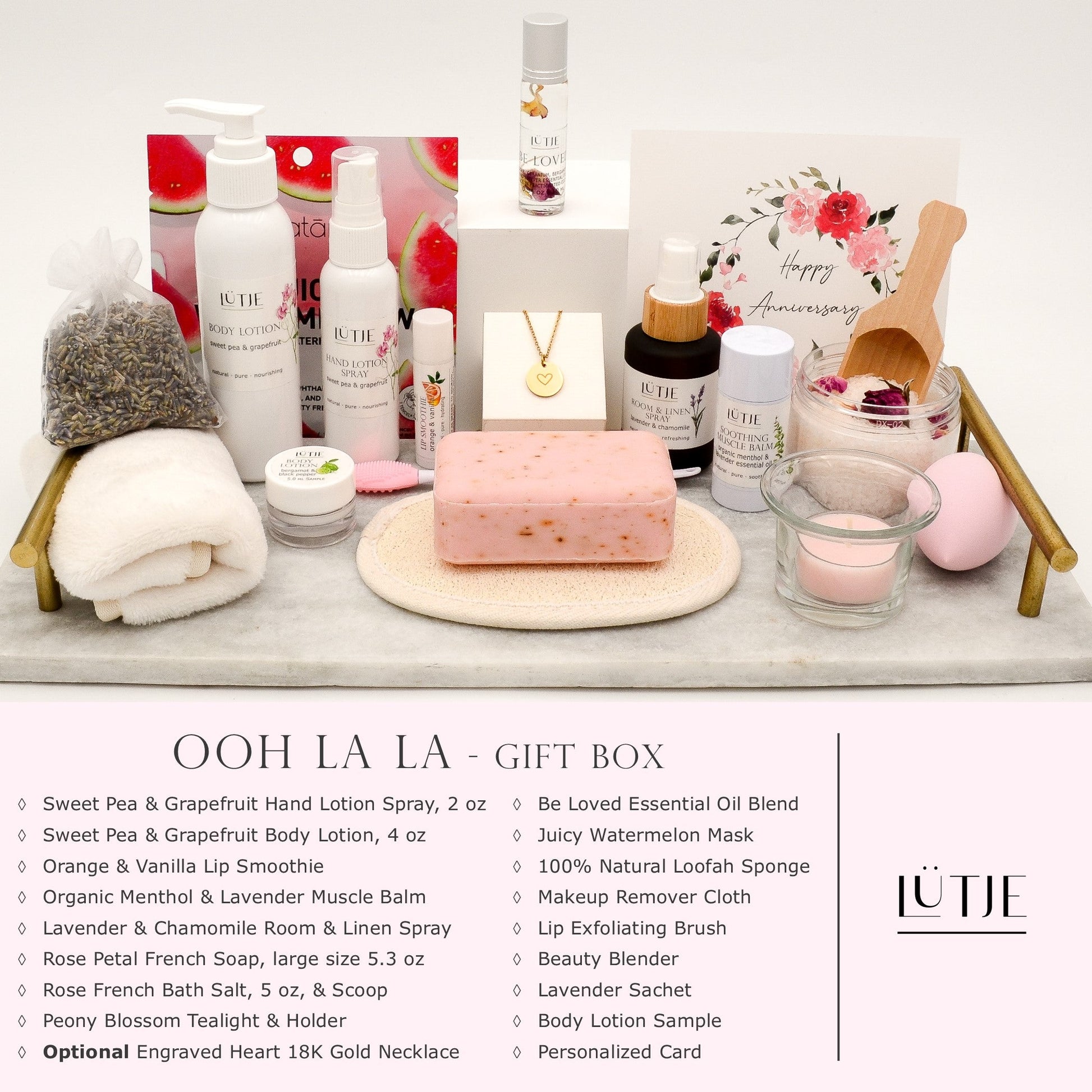 Ooh La La Gift Box for women, wife, daughter, BFF, sister, mom, or grandma, includes Sweet Pea & Grapefruit hand lotion spray and body lotion, essential oil, lip balm, soothing muscle balm, Lavender & Chamomile room & linen spray, French soap, French bath salts, hydrating face mask, other bath, spa and self-care items, and 18K gold-plated necklace with engraved heart.
