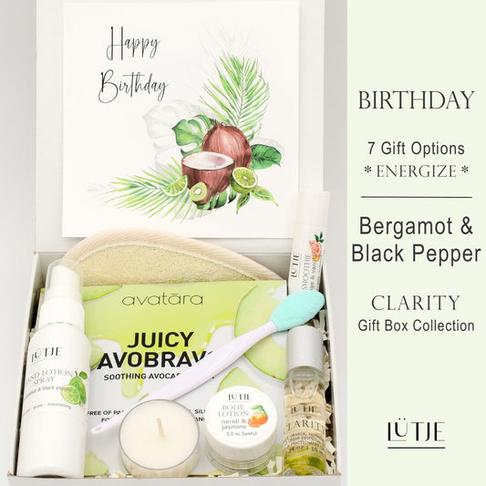 Gift Boxes for women, wife, daughter, BFF, sister, mom, or grandma, includes Bergamot & Black Pepper hand lotion spray and body lotion, essential oil, lip balm, soothing muscle balm, Lavender & Chamomile room & linen spray, French soap, French bath salts, hydrating face mask, other bath, spa and self-care items, and 18K gold-plated necklace with engraved heart.
