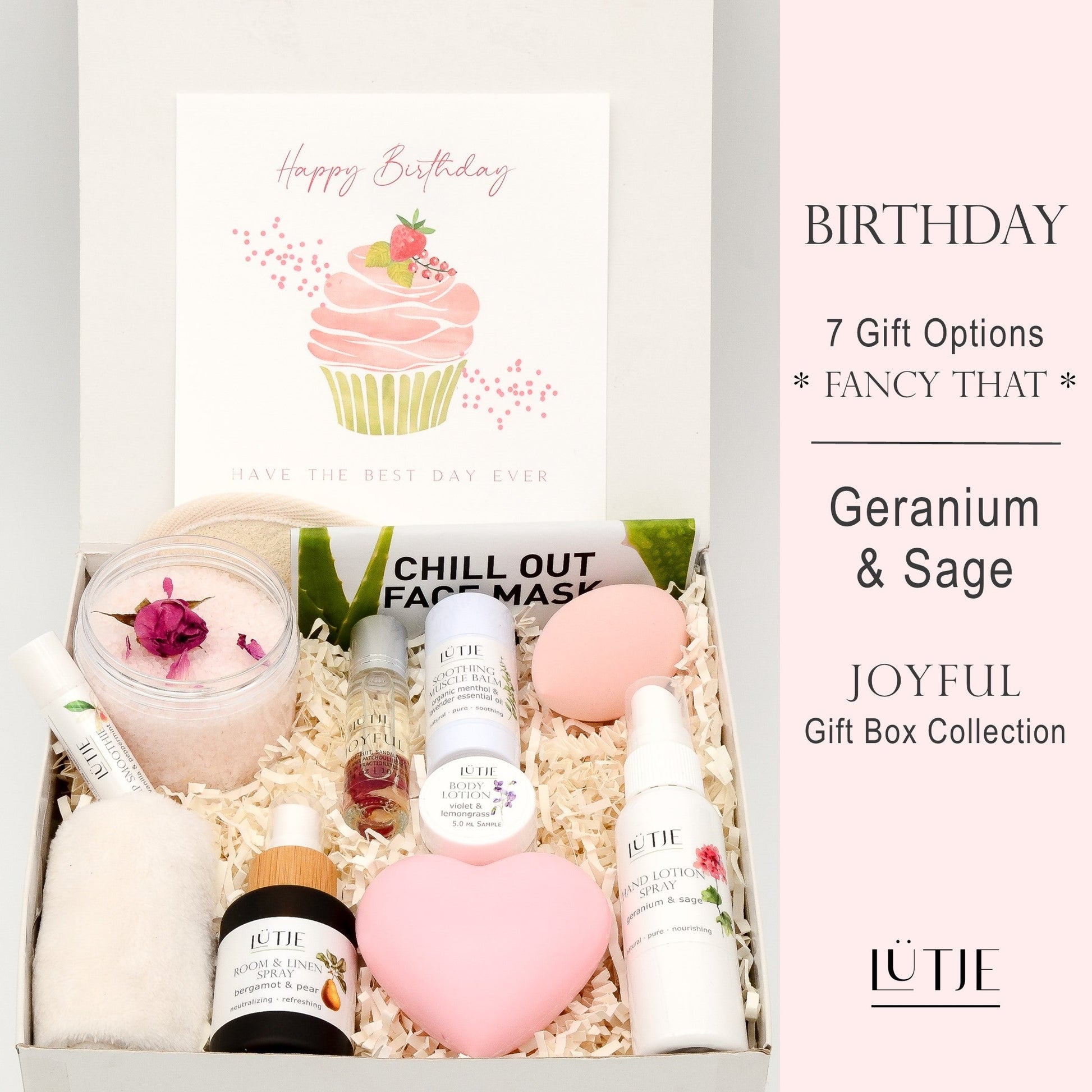 Gift Boxes for women, wife, daughter, BFF, sister, mom, or grandma, includes Geranium & Sage hand lotion spray and body lotion, essential oil, lip balm, soothing muscle balm, Bergamot & Pear room & linen spray, French soap, French bath salts, hydrating face mask, other bath, spa and self-care items, and 18K gold-plated necklace with engraved heart.