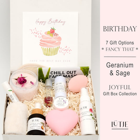 Gift Boxes for women, wife, daughter, BFF, sister, mom, or grandma, includes Geranium & Sage hand lotion spray and body lotion, essential oil, lip balm, soothing muscle balm, Bergamot & Pear room & linen spray, French soap, French bath salts, hydrating face mask, other bath, spa and self-care items, and 18K gold-plated necklace with engraved heart.