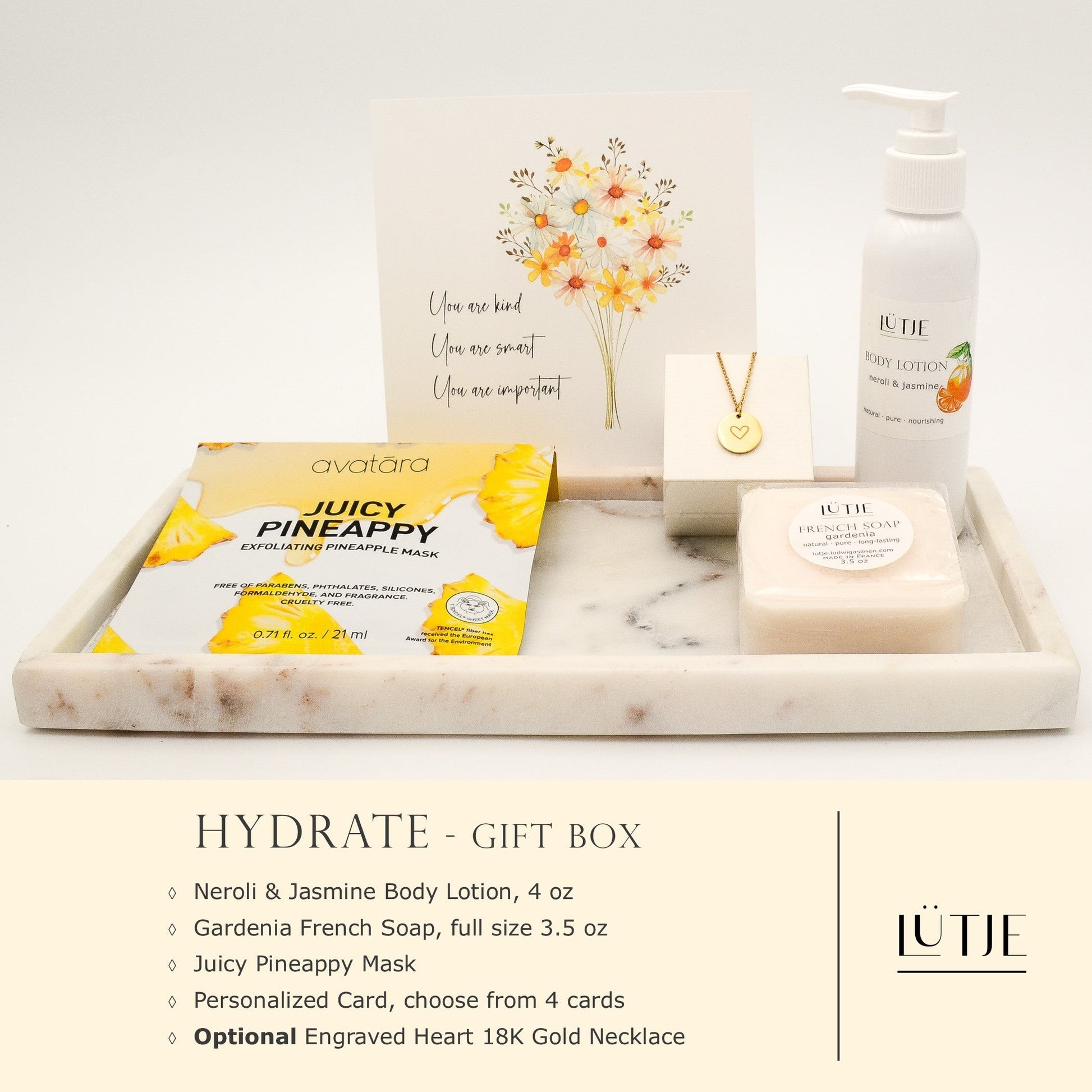 Hydrate Gift Box for women, daughter, mom, BFF, wife, sister or grandma, includes Neroli & Jasmine body lotion, French soap, hydrating face mask, and optional 18K gold-plated necklace with engraved heart.