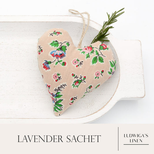 Antique/vintage French cotton and European white linen lavender sachet heart with black embroidered heart, hemp twine tie and filled with high quality lavender from Provence France