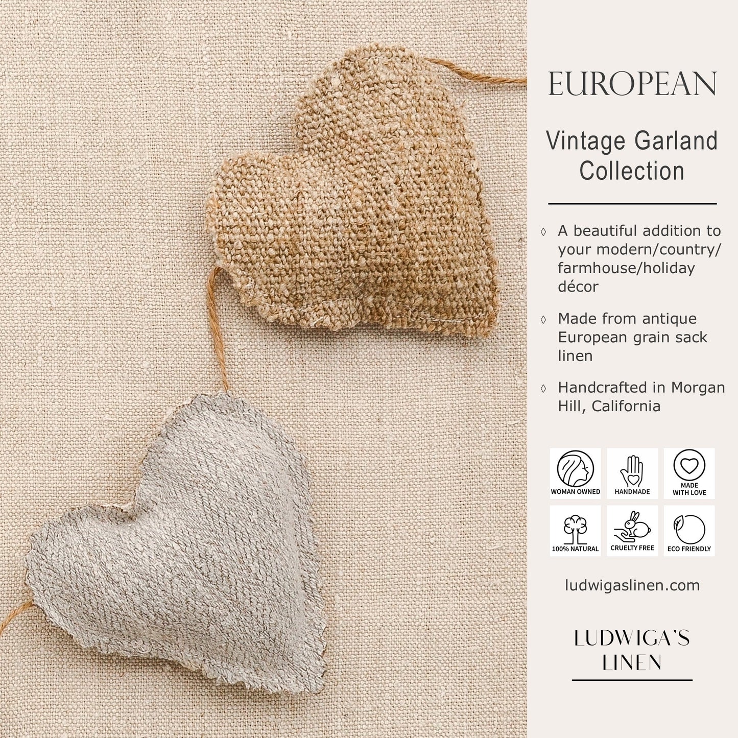 Focus on two hearts in this vintage European grain linern sack garland on white cotton or hemp twine