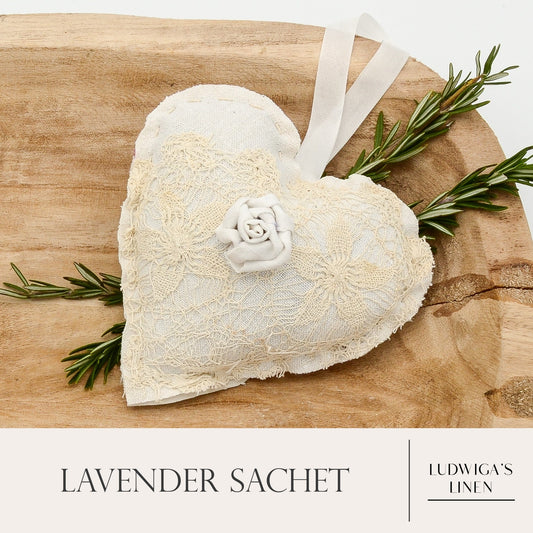 Lavender sachet heart made from antique/vintage lace, antique European white linen and ribbon tie, and filled with high quality lavender from Provence France