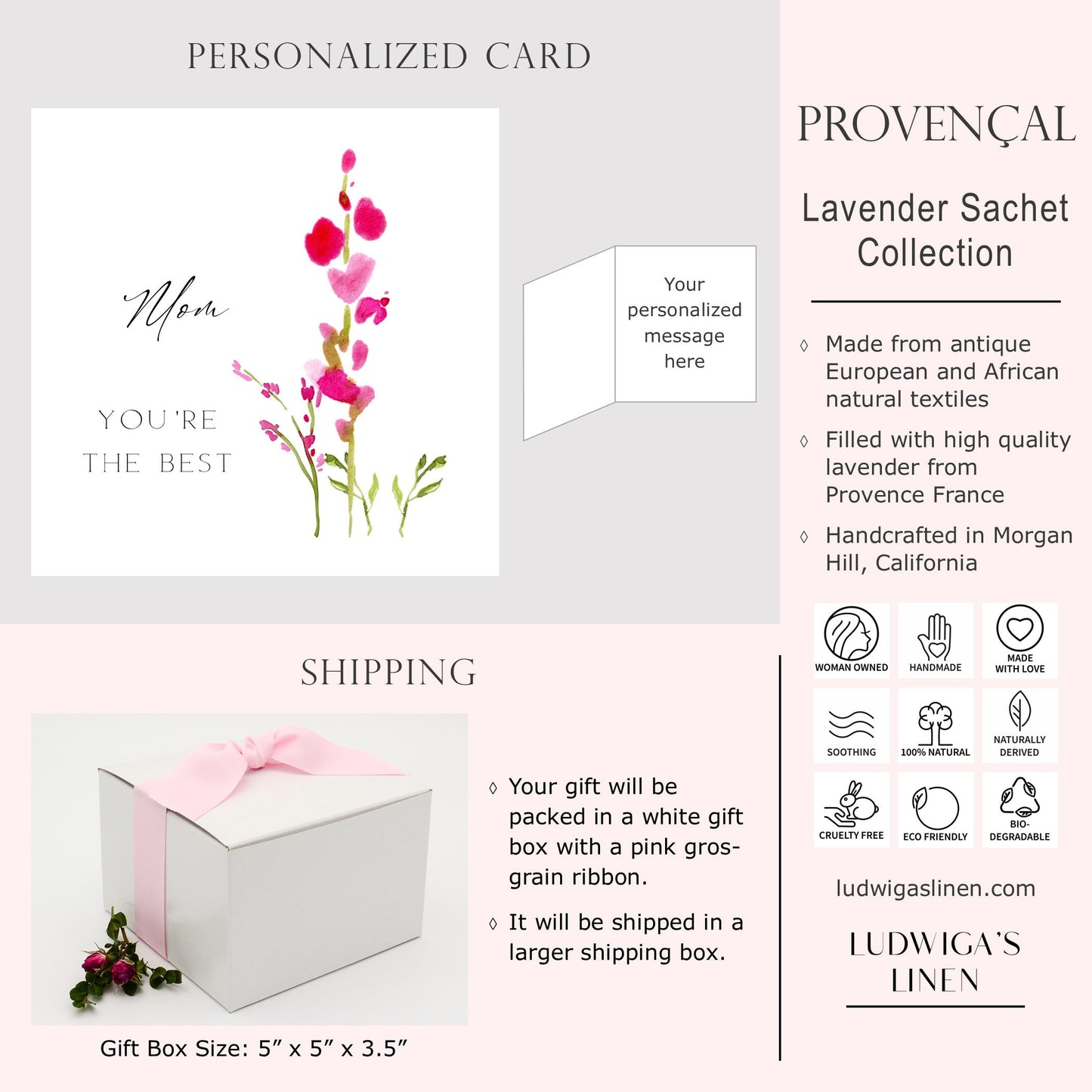 Gift Box with hot pink gros grain ribbon, personalized card, shipping and general information about Ludwiga's Linen Provençal sachet collection