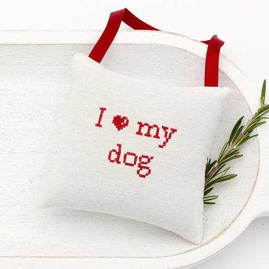 Antique European white linen lavender sachet square, "I love my dog" embroidered in red cross stitch, red gros grain ribbon tie, filled with high quality lavender from Provence France