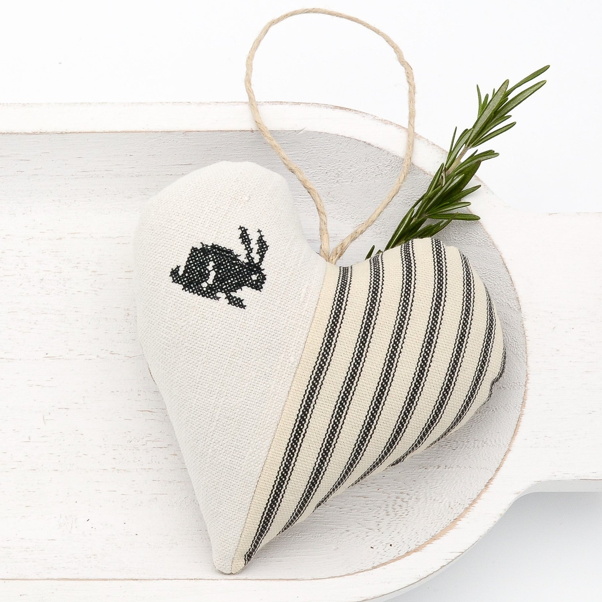 Antique European white linen and black-striped cotton ticking lavender sachet heart, bunny embroidered in black cross stitch, hemp twine tie, filled with high quality lavender from Provence France