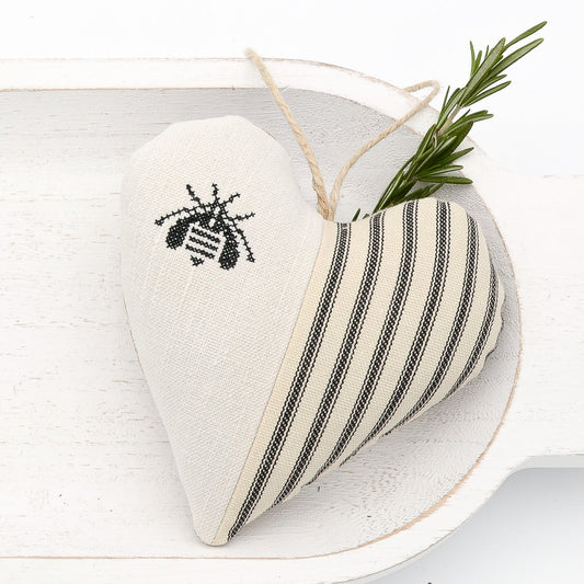 Antique European white linen and black-striped cotton ticking lavender sachet heart, bee embroidered in black cross stitch, hemp twine tie, filled with high quality lavender from Provence France