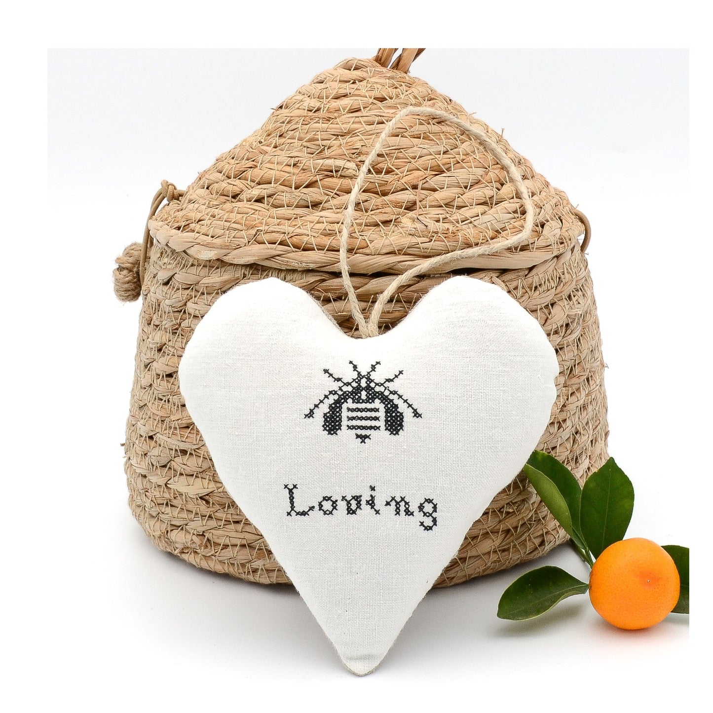 Antique European white linen lavender sachet heart, bee and "Loving" embroidered in black cross stitch, hemp twine tie, filled with high quality lavender from Provence France