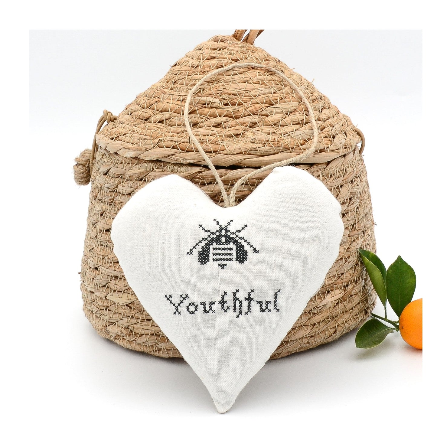 Antique European white linen lavender sachet heart, bee and "Youthful" embroidered in black cross stitch, hemp twine tie, filled with high quality lavender from Provence France