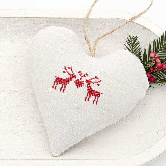 Antique European white linen lavender sachet heart, two reindeer and heart embroidered in red cross stitch, hemp twine tie, filled with high quality lavender from Provence France