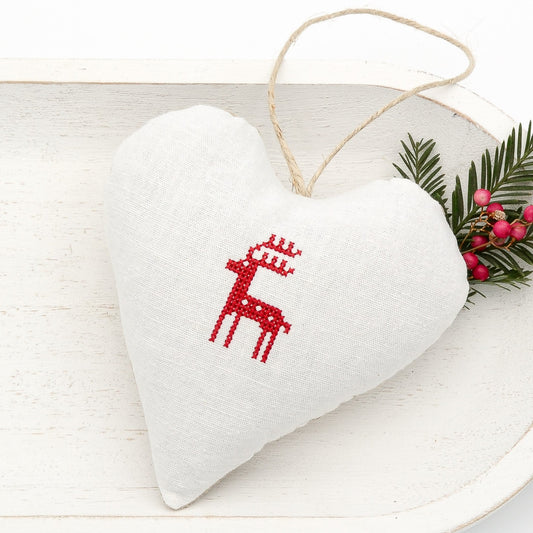 Antique European white linen lavender sachet heart, reindeer embroidered in red cross stitch, hemp twine tie, filled with high quality lavender from Provence France