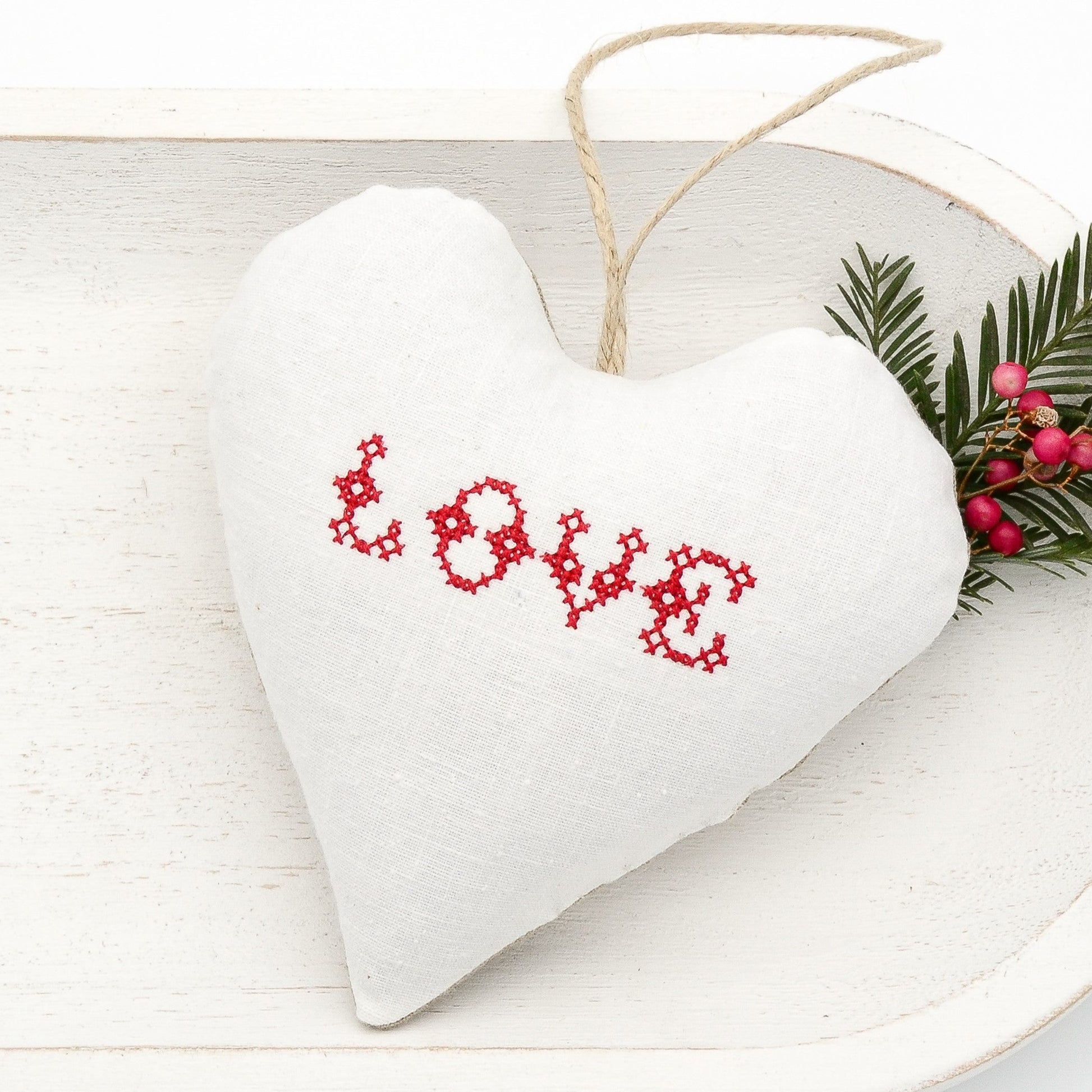 Antique European white linen lavender sachet heart, "LOVE" embroidered in red cross stitch, hemp twine tie, filled with high quality lavender from Provence France