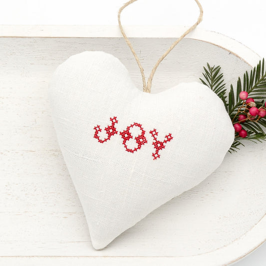 Antique European white linen lavender sachet heart, "JOY" embroidered in red cross stitch, hemp twine tie, filled with high quality lavender from Provence France