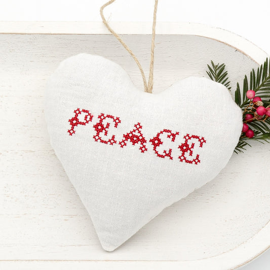 Antique European white linen lavender sachet heart, "PEACE" embroidered in red cross stitch, hemp twine tie, filled with high quality lavender from Provence France