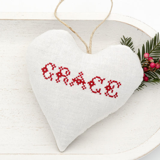 Antique European white linen lavender sachet heart, "GRACE" embroidered in red cross stitch, hemp twine tie, filled with high quality lavender from Provence France