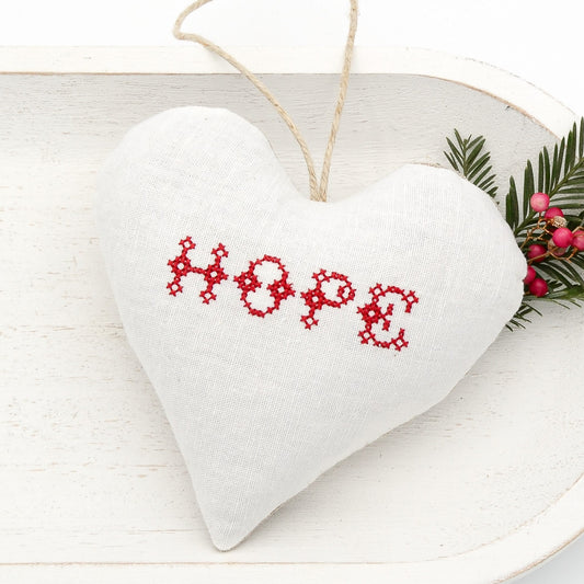 Antique European white linen lavender sachet heart, "HOPE" embroidered in red cross stitch, hemp twine tie, filled with high quality lavender from Provence France