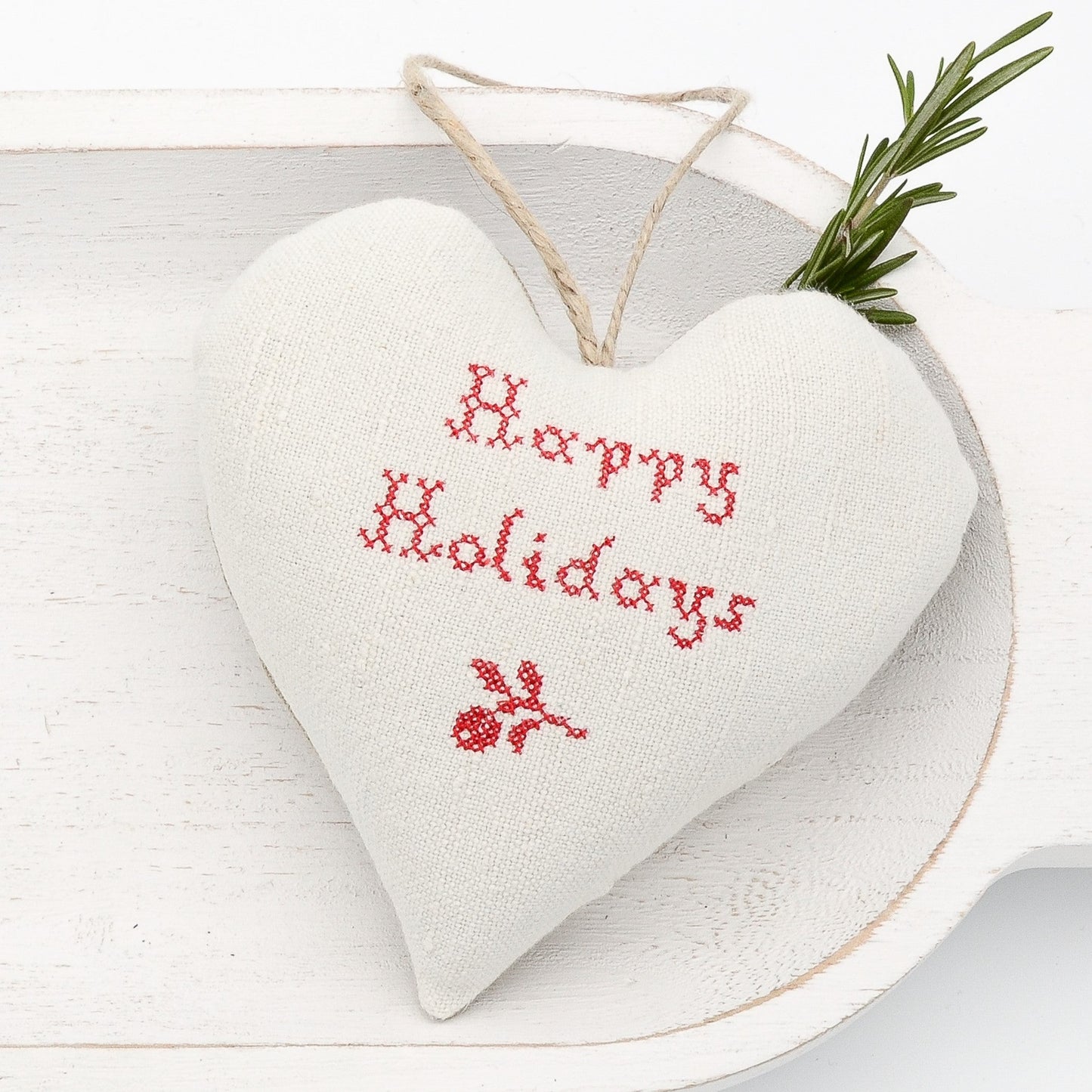 Antique European white linen lavender sachet heart, "Happy Holidays" and twig embroidered in red cross stitch, hemp twine tie, filled with high quality lavender from Provence France