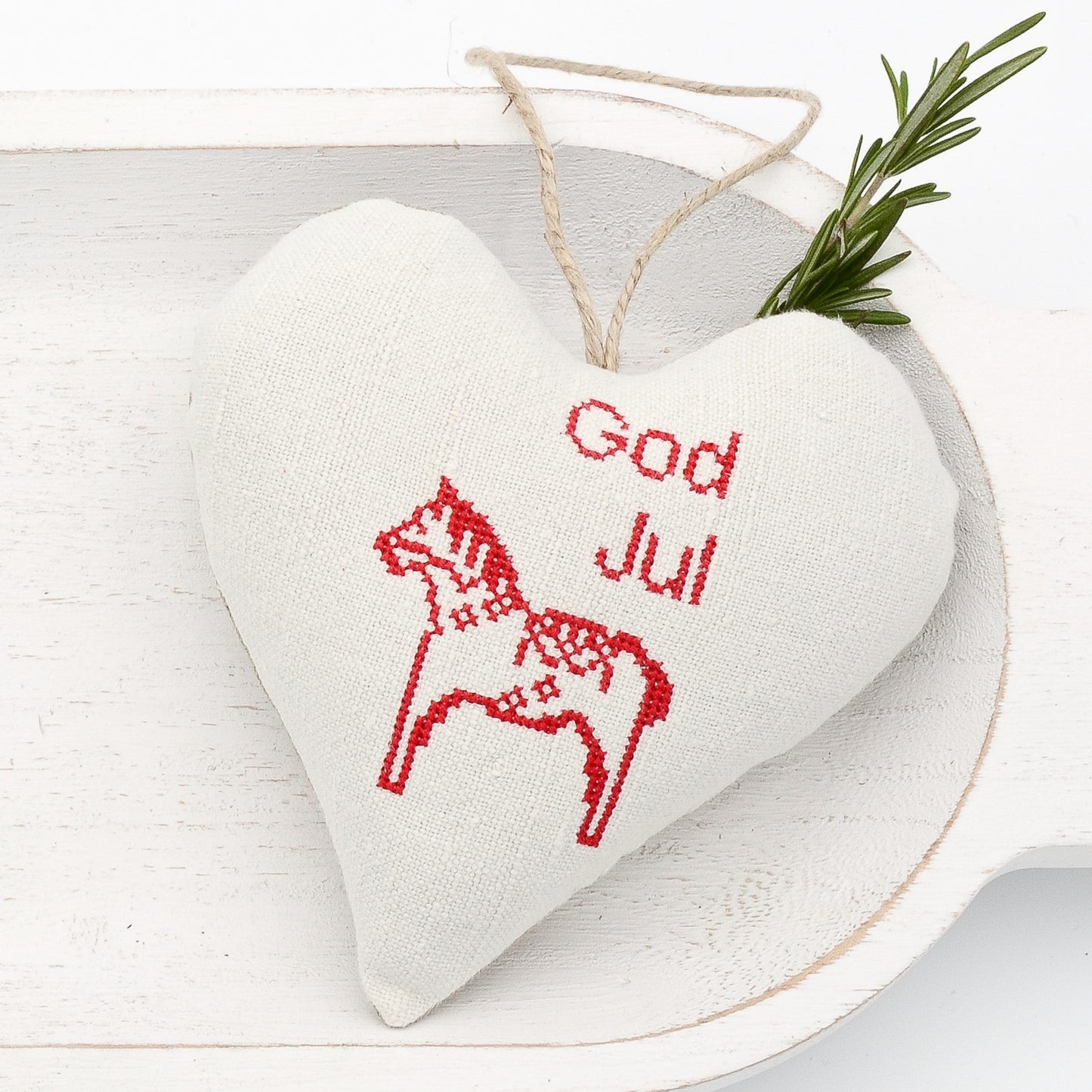 Antique European white linen lavender sachet heart, "God Jul" (Swedish) and Dala horse embroidered in red cross stitch, hemp twine tie, filled with high quality lavender from Provence France